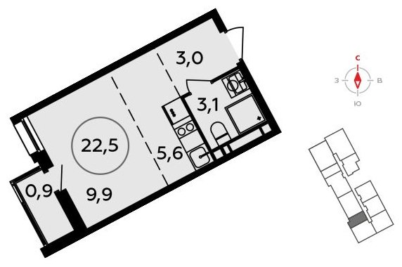Студия без отделки, 22.5 м2, 9 этаж, сдача 3 квартал 2023 г., ЖК Прокшино, корпус 4.3 - объявление 1498142 - фото №1