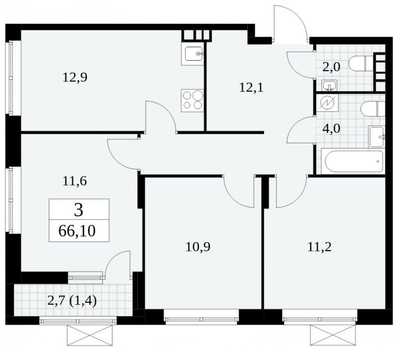 3-комнатная квартира с частичной отделкой, 66.1 м2, 6 этаж, сдача 1 квартал 2025 г., ЖК Прокшино, корпус 5.2.2 - объявление 2386225 - фото №1