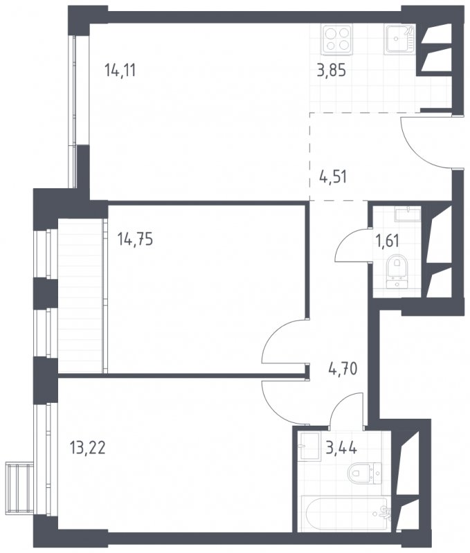 2-комнатная квартира с полной отделкой, 60.19 м2, 18 этаж, сдача 2 квартал 2023 г., ЖК Квартал Спутник, корпус 14 - объявление 1313588 - фото №1
