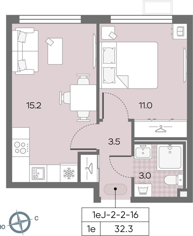 1-комнатная квартира с полной отделкой, 32.3 м2, 15 этаж, сдача 3 квартал 2024 г., ЖК Лучи, корпус 15 - объявление 2184235 - фото №1