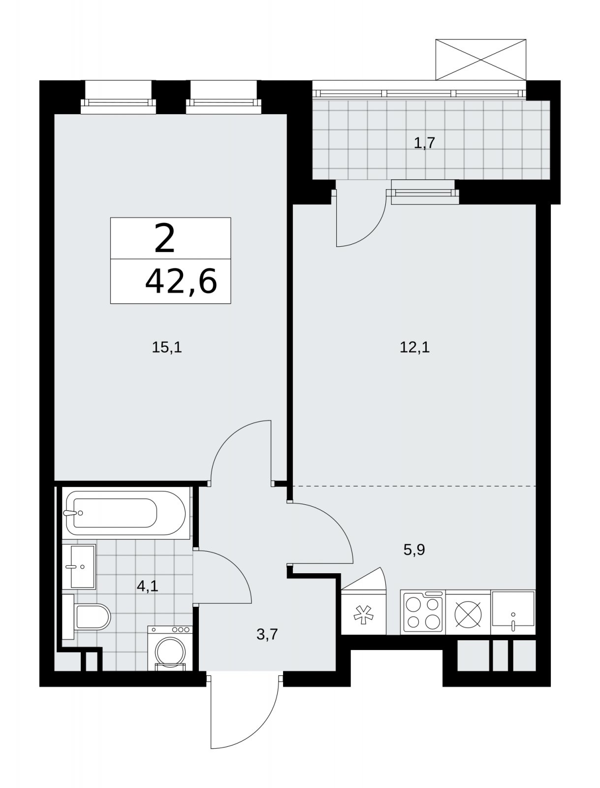 2-комнатная квартира (евро) с частичной отделкой, 42.6 м2, 3 этаж, сдача 2 квартал 2026 г., ЖК Скандинавия, корпус 25.1 - объявление 2283325 - фото №1
