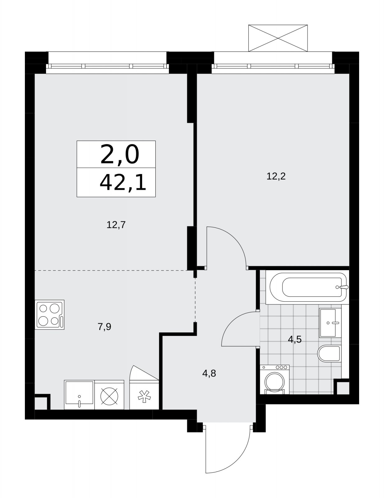2-комнатная квартира (евро) с частичной отделкой, 42.1 м2, 2 этаж, сдача 2 квартал 2026 г., ЖК Прокшино, корпус 10.1.5 - объявление 2227668 - фото №1