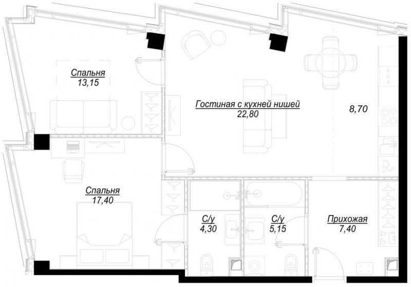 2-комнатная квартира с частичной отделкой, 78.9 м2, 39 этаж, сдача 1 квартал 2023 г., ЖК Hide, корпус WestDale - объявление 1756913 - фото №1