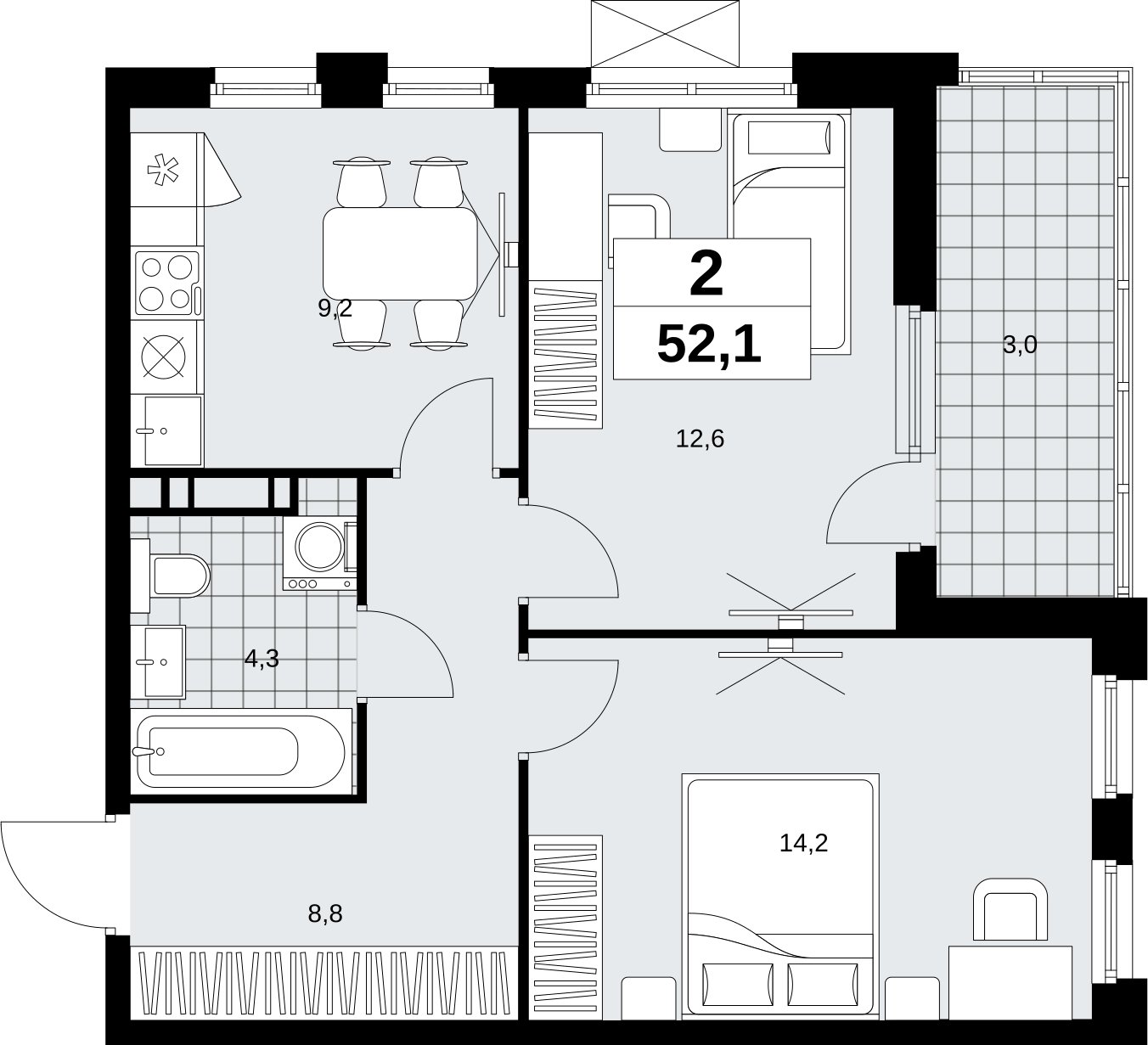 2-комнатная квартира без отделки, 52.1 м2, 15 этаж, сдача 4 квартал 2026 г., ЖК Скандинавия, корпус 2.18.2.6 - объявление 2351830 - фото №1