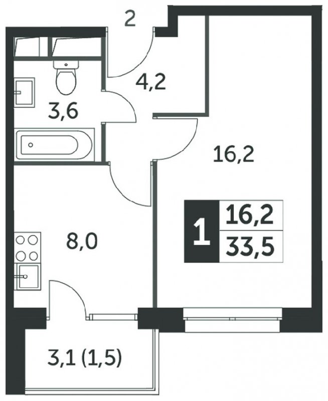 1-комнатная квартира без отделки, 33.6 м2, 4 этаж, сдача 4 квартал 2023 г., ЖК Датский квартал, корпус 2 - объявление 1568339 - фото №1