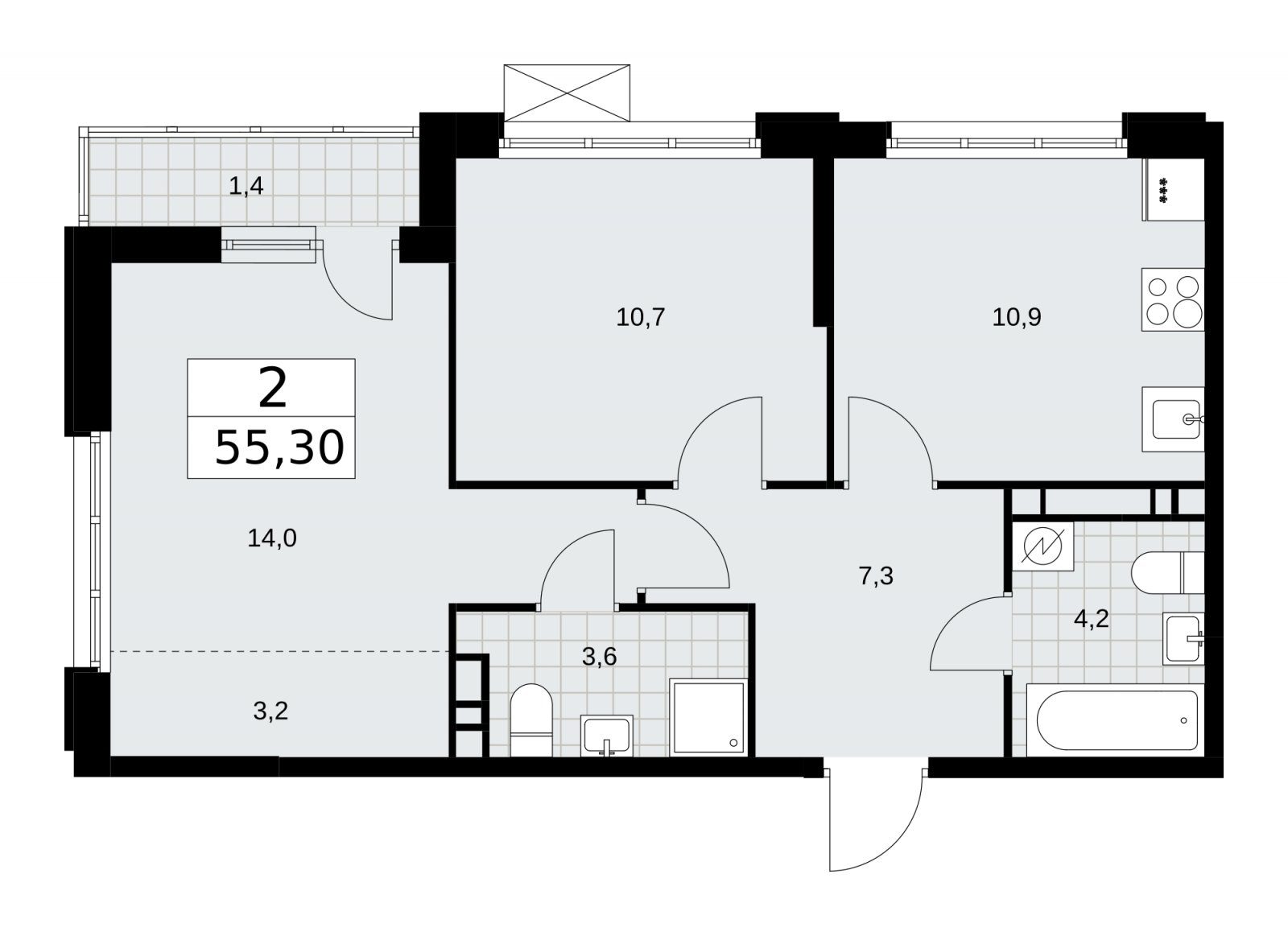 2-комнатная квартира с частичной отделкой, 55.3 м2, 10 этаж, сдача 4 квартал 2025 г., ЖК Скандинавия, корпус 28.4 - объявление 2202632 - фото №1