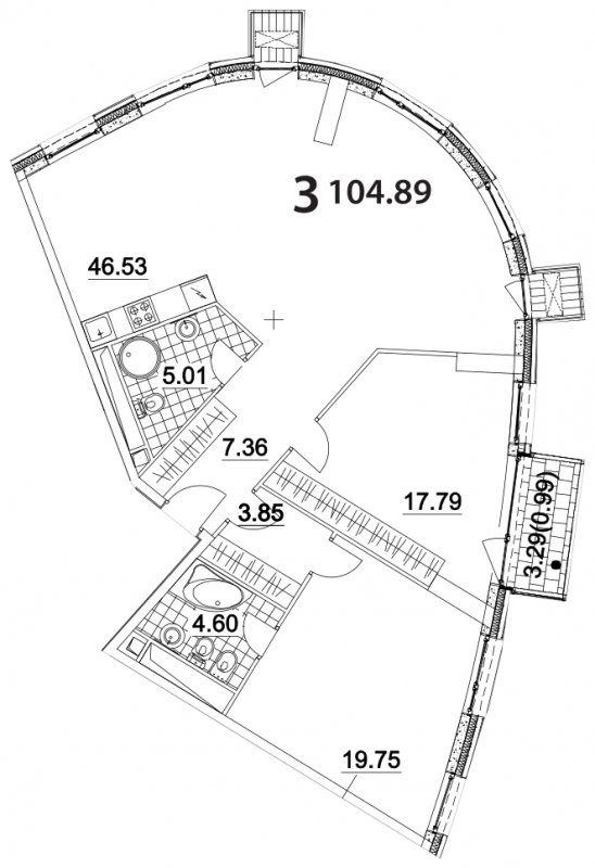 3-комнатная квартира без отделки, 104.89 м2, 5 этаж, дом сдан, ЖК Апарт-комплекс Nakhimov, корпус 3 - объявление 1330678 - фото №1