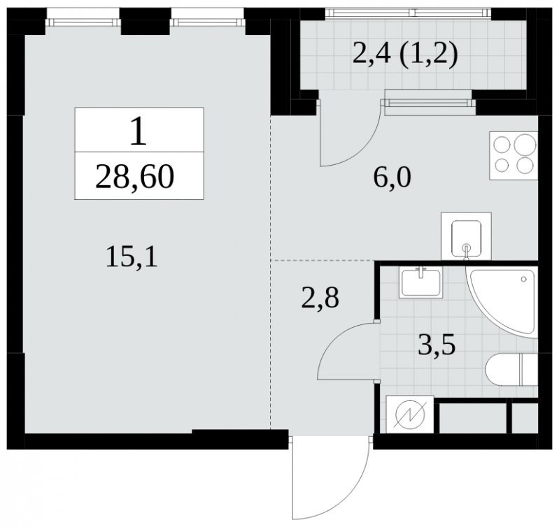 Студия с полной отделкой, 28.6 м2, 15 этаж, сдача 2 квартал 2025 г., ЖК Южные сады, корпус 2.2 - объявление 1757564 - фото №1