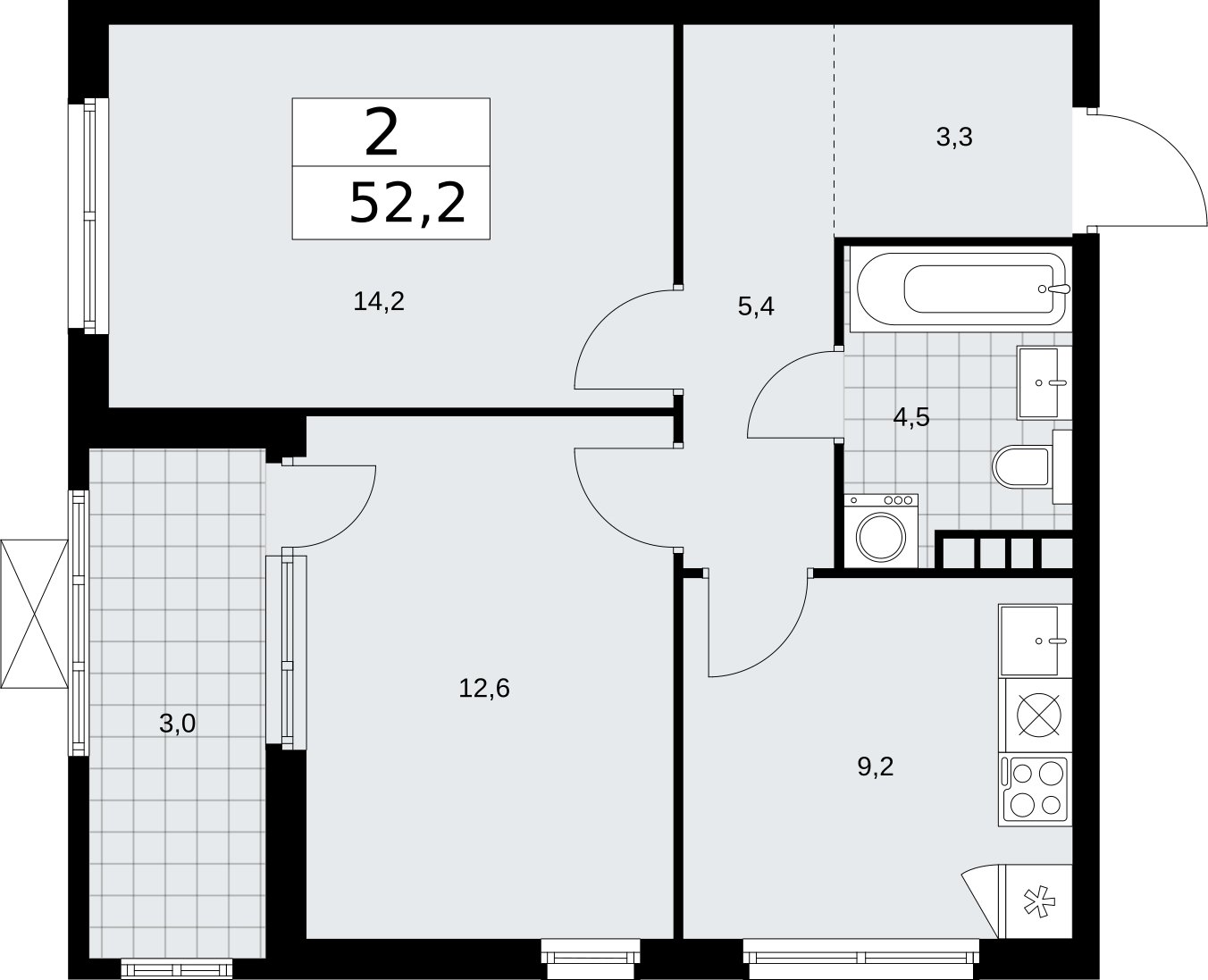 2-комнатная квартира без отделки, 52.2 м2, 7 этаж, сдача 2 квартал 2026 г., ЖК Бунинские кварталы, корпус 5.3 - объявление 2297547 - фото №1
