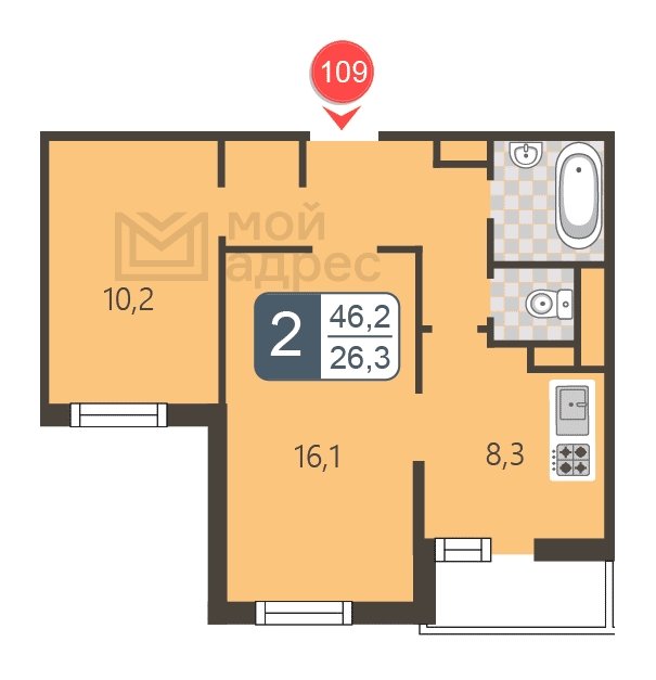 2-комнатная квартира с полной отделкой, 46.2 м2, 6 этаж, дом сдан, ЖК мой адрес В Зеленограде, корпус 2044 - объявление 1745264 - фото №1