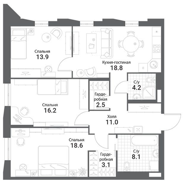 3-комнатная квартира без отделки, 96.4 м2, 15 этаж, сдача 1 квартал 2023 г., ЖК Nagatino i-Land, корпус А1 - объявление 1666774 - фото №1