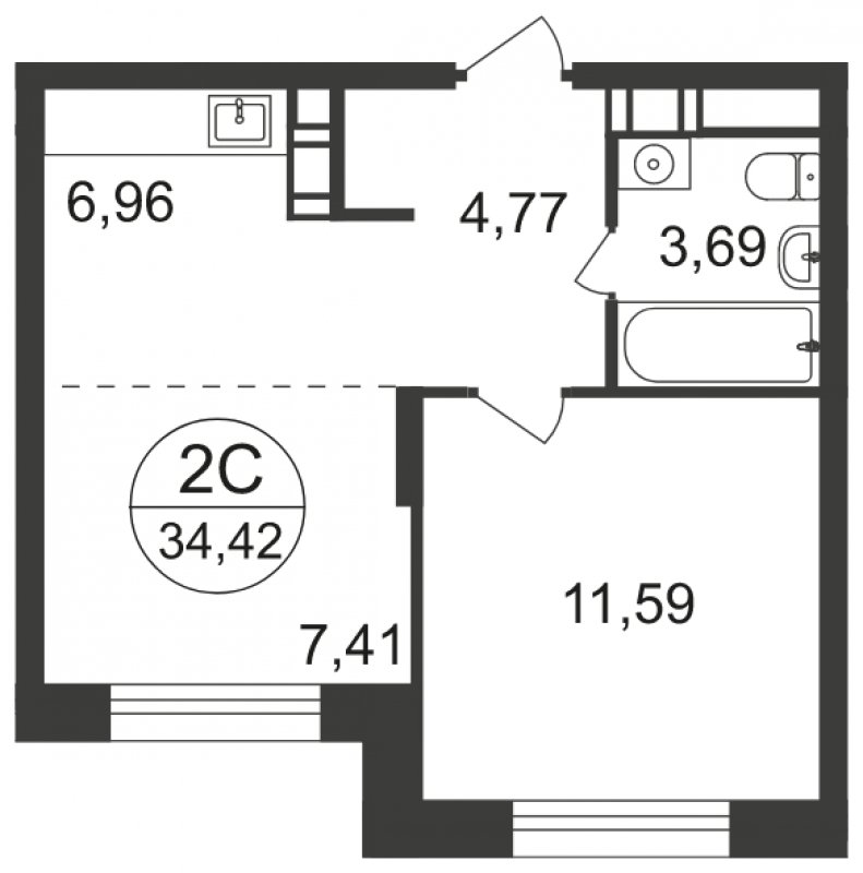 2-комнатная квартира с полной отделкой, 34.42 м2, 6 этаж, сдача 3 квартал 2023 г., ЖК Люберцы, корпус 66 - объявление 1694803 - фото №1