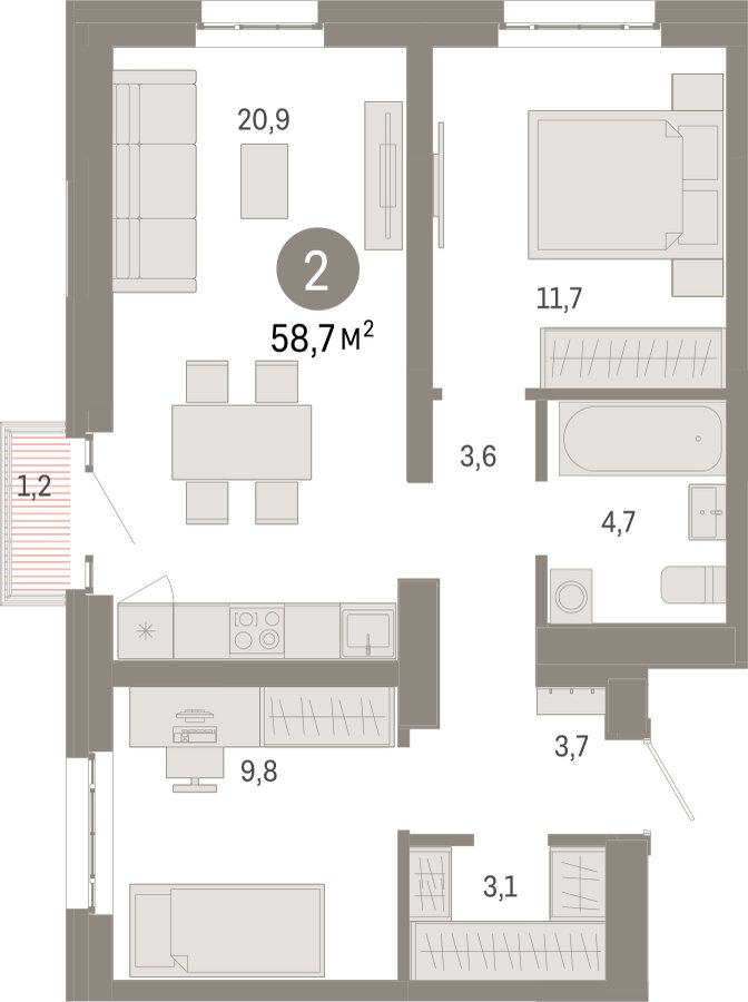 2-комнатная квартира с частичной отделкой, 58.7 м2, 13 этаж, сдача 3 квартал 2026 г., ЖК Квартал Метроном, корпус 1 - объявление 2372354 - фото №1