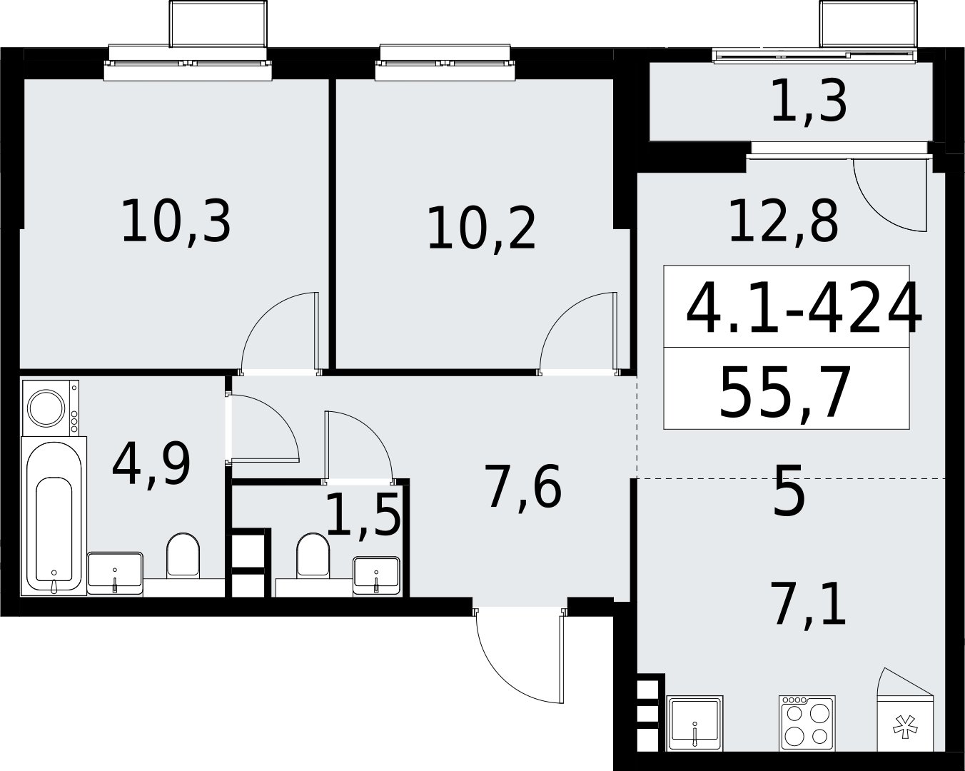 3-комнатная квартира (евро) с полной отделкой, 55.7 м2, 3 этаж, сдача 2 квартал 2027 г., ЖК Южные сады, корпус 4.1.2 - объявление 2392930 - фото №1
