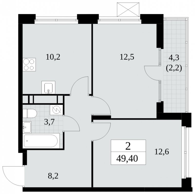 2-комнатная квартира без отделки, 49.4 м2, 13 этаж, сдача 1 квартал 2025 г., ЖК Скандинавия, корпус 2.27.2 - объявление 1840413 - фото №1