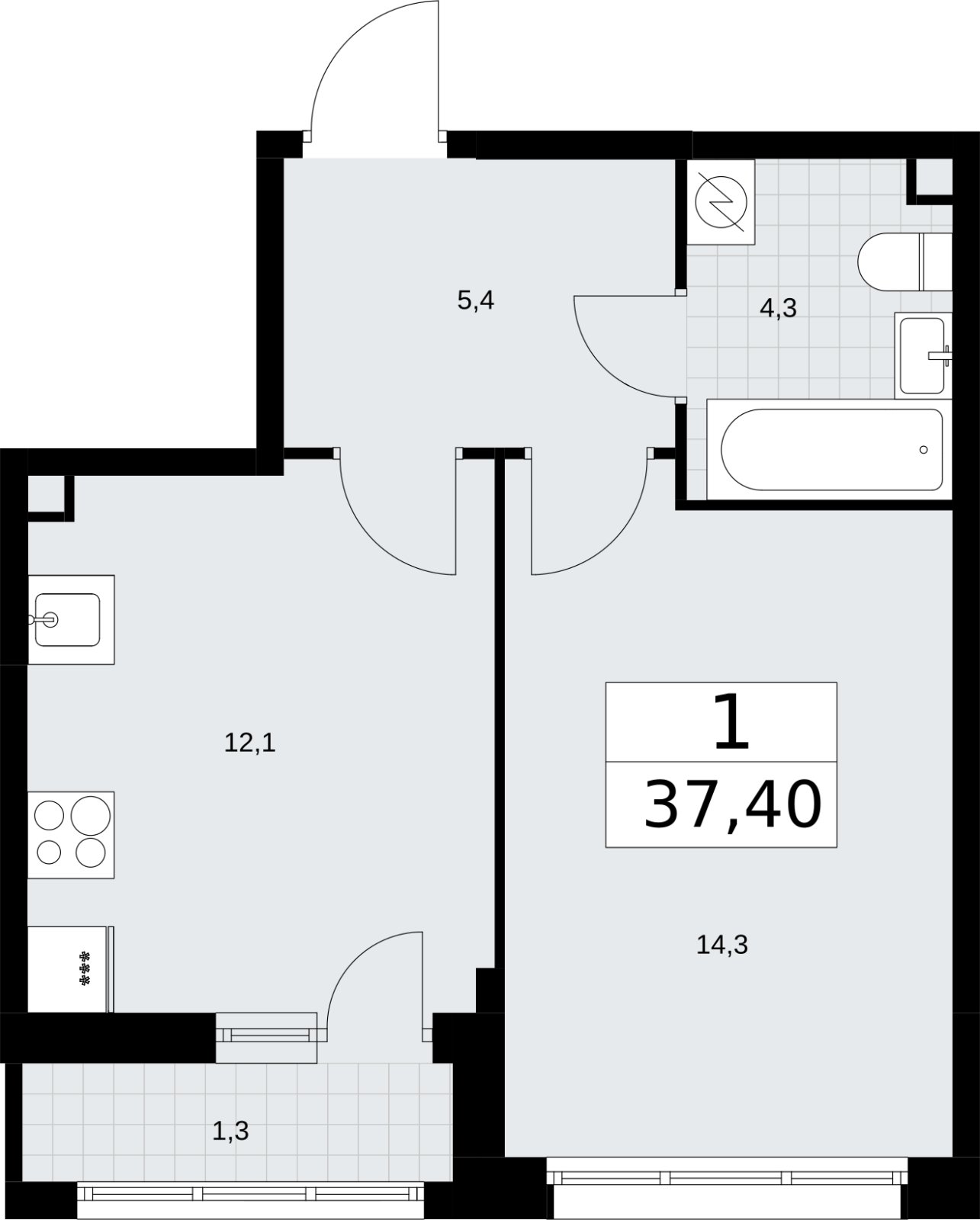 1-комнатная квартира с полной отделкой, 37.4 м2, 2 этаж, сдача 4 квартал 2026 г., ЖК Родные кварталы, корпус 3.3 - объявление 2378603 - фото №1