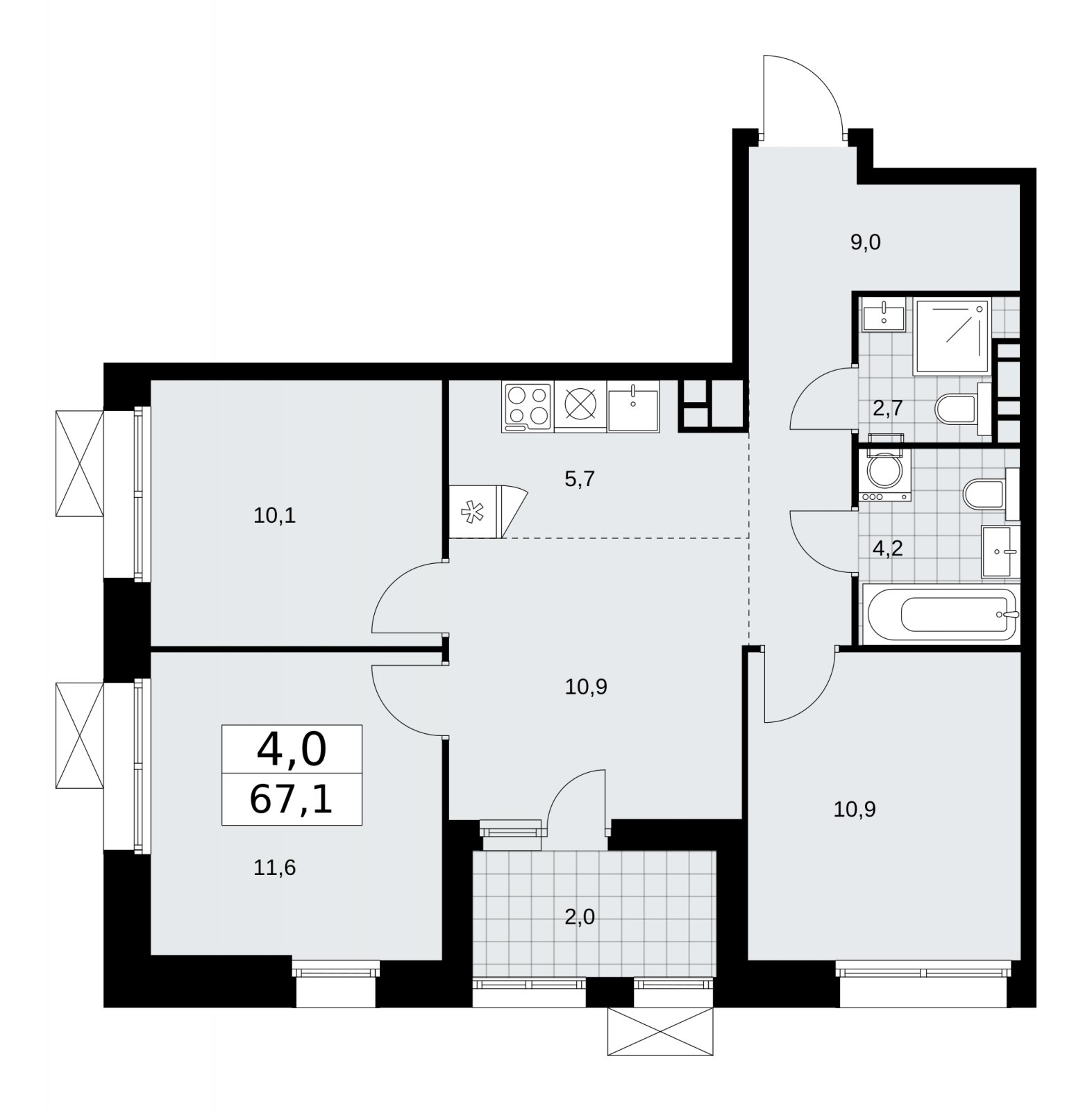 4-комнатная квартира (евро) с частичной отделкой, 67.1 м2, 16 этаж, сдача 1 квартал 2026 г., ЖК Бунинские кварталы, корпус 6.1 - объявление 2252490 - фото №1