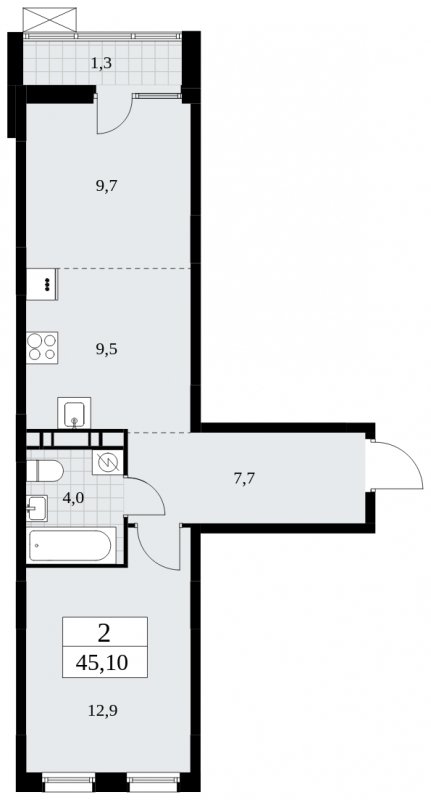2-комнатная квартира (евро) без отделки, 45.1 м2, 8 этаж, сдача 1 квартал 2025 г., ЖК Дзен-кварталы, корпус 1.4 - объявление 1896185 - фото №1