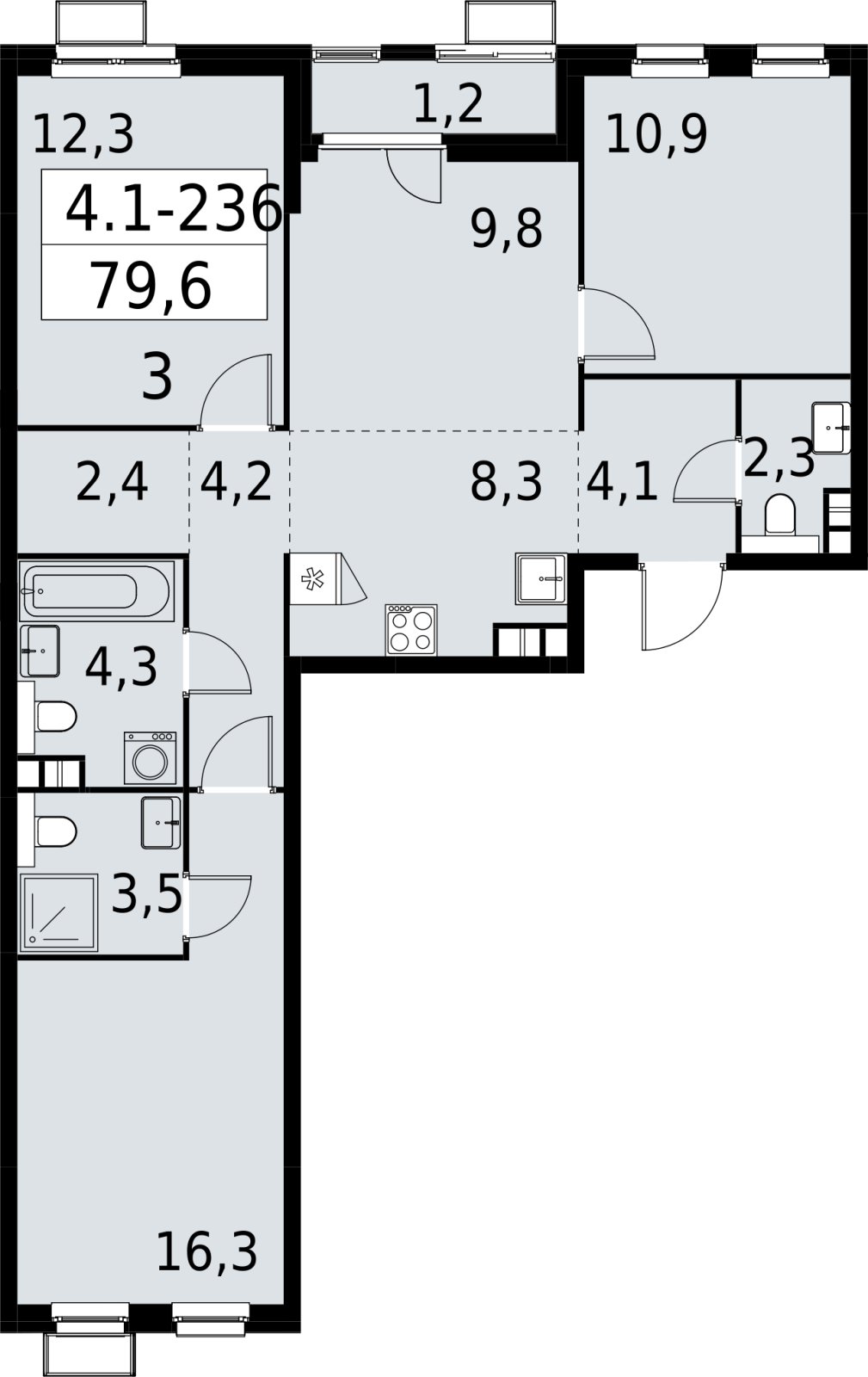 4-комнатная квартира (евро) с полной отделкой, 79.6 м2, 7 этаж, сдача 2 квартал 2027 г., ЖК Южные сады, корпус 4.1.2 - объявление 2392753 - фото №1