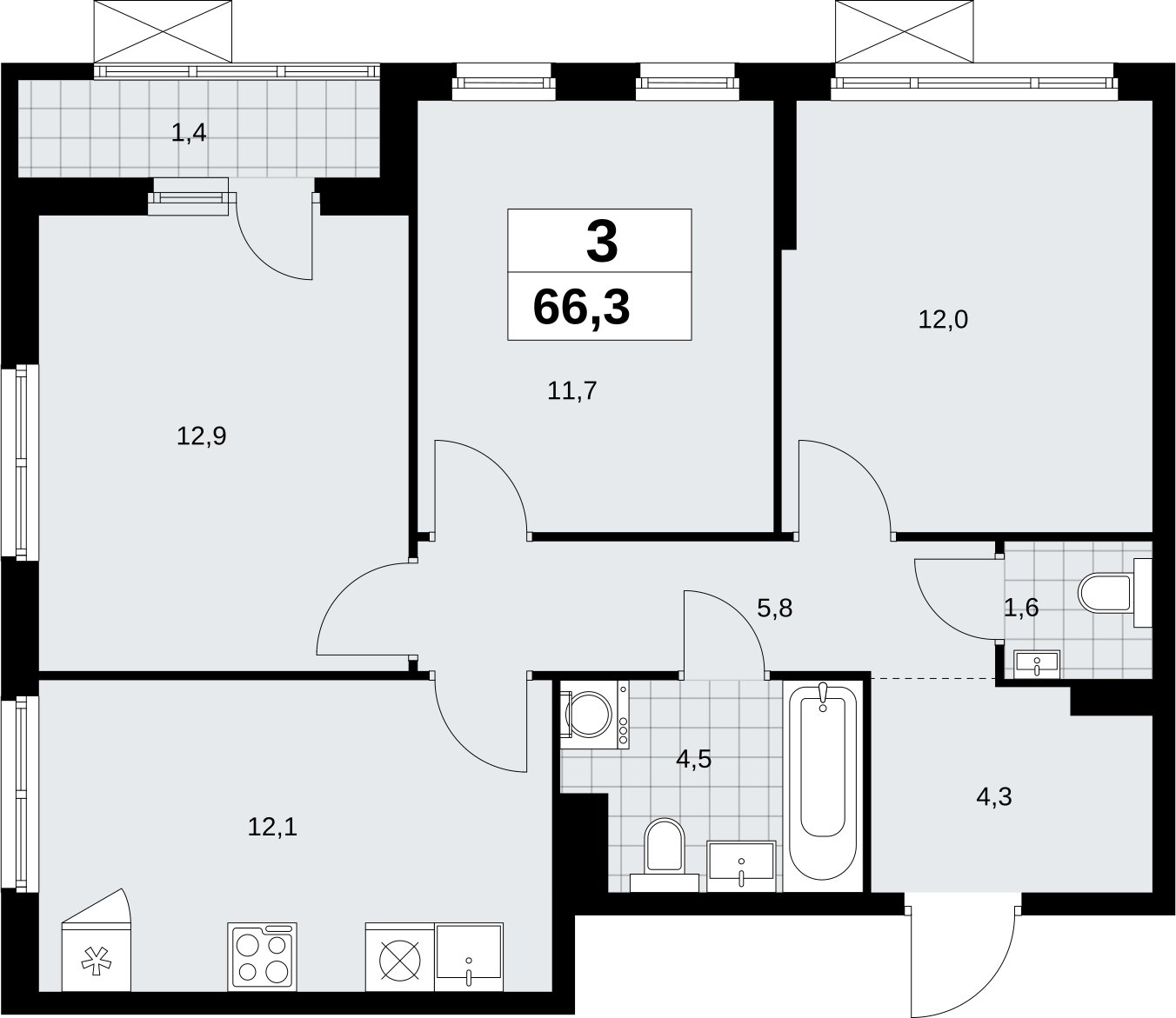 3-комнатная квартира без отделки, 66.3 м2, 8 этаж, сдача 2 квартал 2026 г., ЖК Дзен-кварталы, корпус 6.1.1 - объявление 2326973 - фото №1