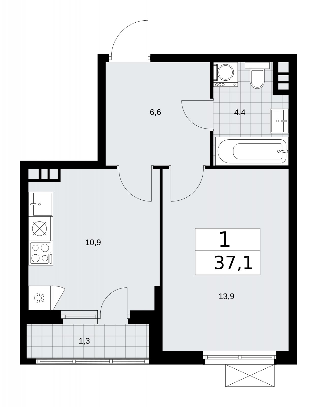 1-комнатная квартира с частичной отделкой, 37.1 м2, 4 этаж, сдача 2 квартал 2026 г., ЖК Прокшино, корпус 11.2.3 - объявление 2270270 - фото №1