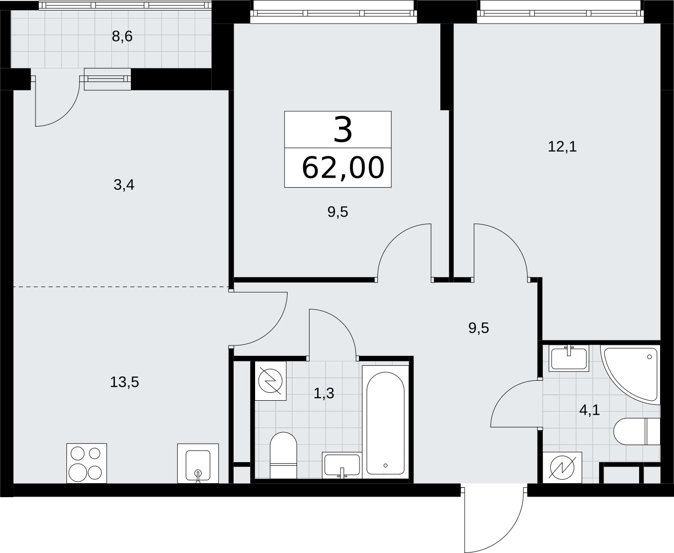 3-комнатная квартира (евро) с полной отделкой, 62 м2, 5 этаж, сдача 4 квартал 2026 г., ЖК Родные кварталы, корпус 1.2 - объявление 2317903 - фото №1
