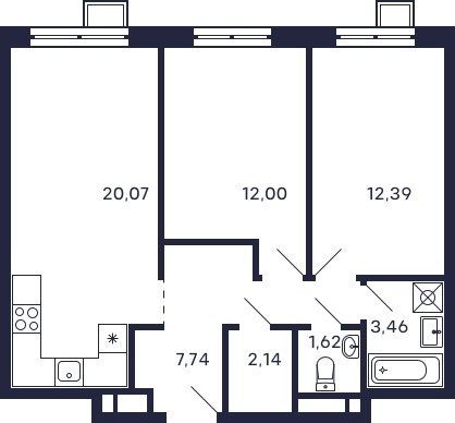 2-комнатная квартира с частичной отделкой, 59.42 м2, 23 этаж, сдача 2 квартал 2026 г., ЖК Квартал Тетрис, корпус С-2.2 - объявление 2409875 - фото №1