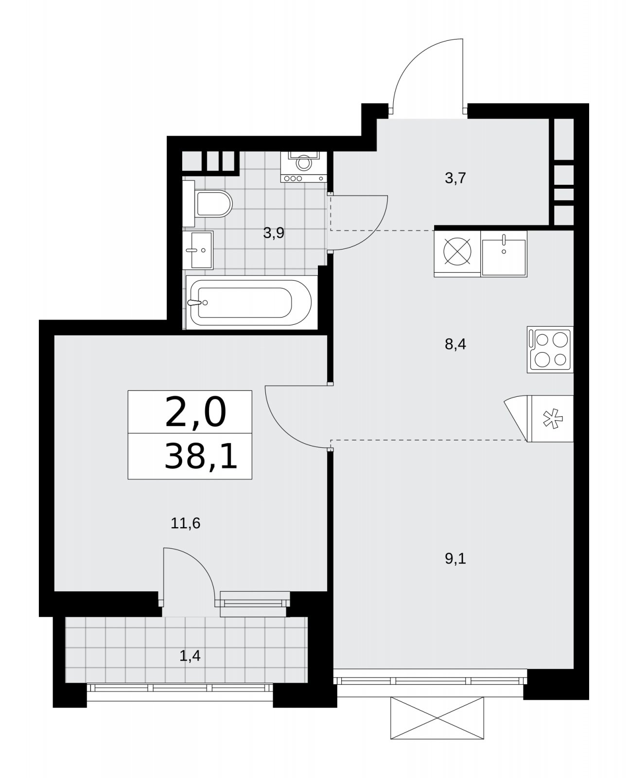 2-комнатная квартира (евро) без отделки, 38.1 м2, 10 этаж, сдача 1 квартал 2026 г., ЖК Прокшино, корпус 10.1.1 - объявление 2226951 - фото №1
