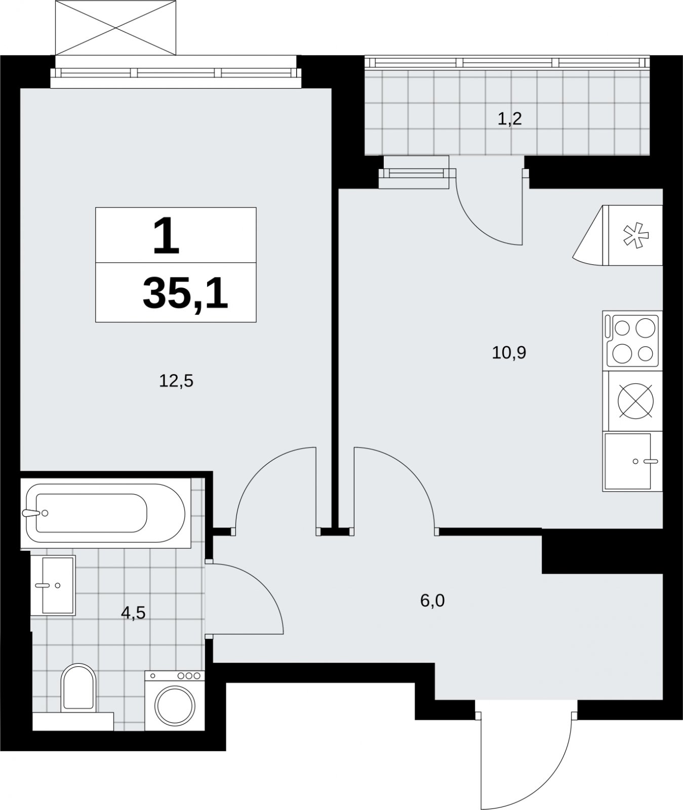 1-комнатная квартира без отделки, 35.1 м2, 11 этаж, сдача 2 квартал 2026 г., ЖК Бунинские кварталы, корпус 9.1 - объявление 2323596 - фото №1