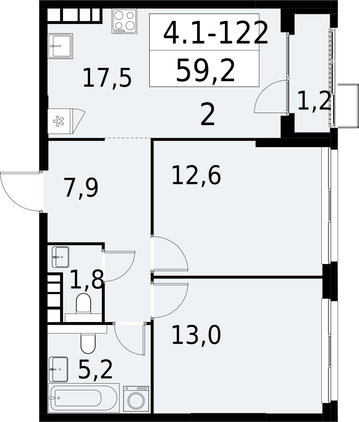 2-комнатная квартира с полной отделкой, 59.2 м2, 22 этаж, сдача 2 квартал 2027 г., ЖК Южные сады, корпус 4.1.1 - объявление 2392663 - фото №1