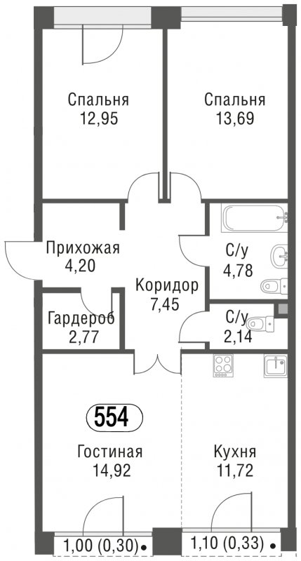 3-комнатная квартира (евро) без отделки, 75.25 м2, 8 этаж, сдача 3 квартал 2023 г., ЖК AFI Park Воронцовский, корпус 3 - объявление 1637477 - фото №1