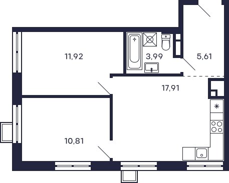 2-комнатная квартира с частичной отделкой, 50.24 м2, 22 этаж, сдача 2 квартал 2026 г., ЖК Квартал Тетрис, корпус С-2.2 - объявление 2277206 - фото №1