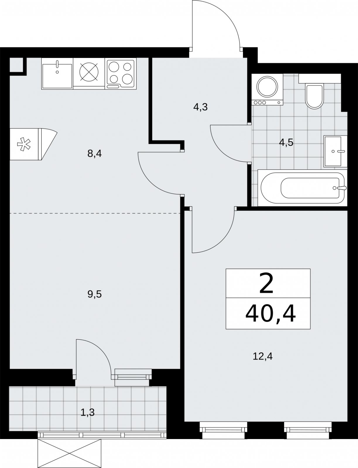 2-комнатная квартира (евро) без отделки, 40.4 м2, 2 этаж, сдача 2 квартал 2026 г., ЖК Бунинские кварталы, корпус 7.3 - объявление 2313978 - фото №1