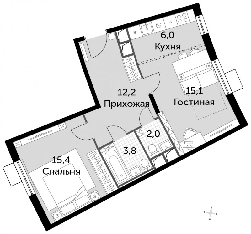 2-комнатная квартира без отделки, 54.5 м2, 10 этаж, сдача 3 квартал 2023 г., ЖК UP-квартал Римский, корпус 7 - объявление 1501391 - фото №1