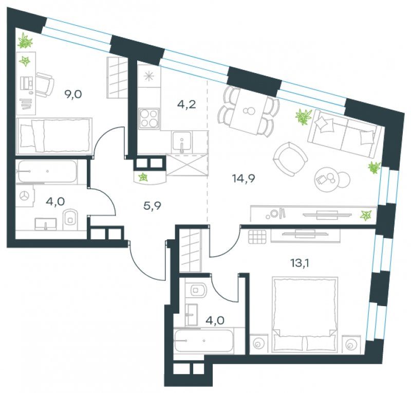 3-комнатная квартира с частичной отделкой, 55.1 м2, 2 этаж, сдача 4 квартал 2023 г., ЖК Level Нагатинская, корпус В - объявление 1667864 - фото №1