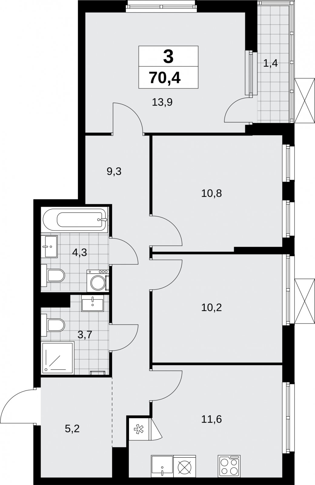 3-комнатная квартира без отделки, 70.4 м2, 5 этаж, сдача 1 квартал 2026 г., ЖК Дзен-кварталы, корпус 6.2.1 - объявление 2328369 - фото №1