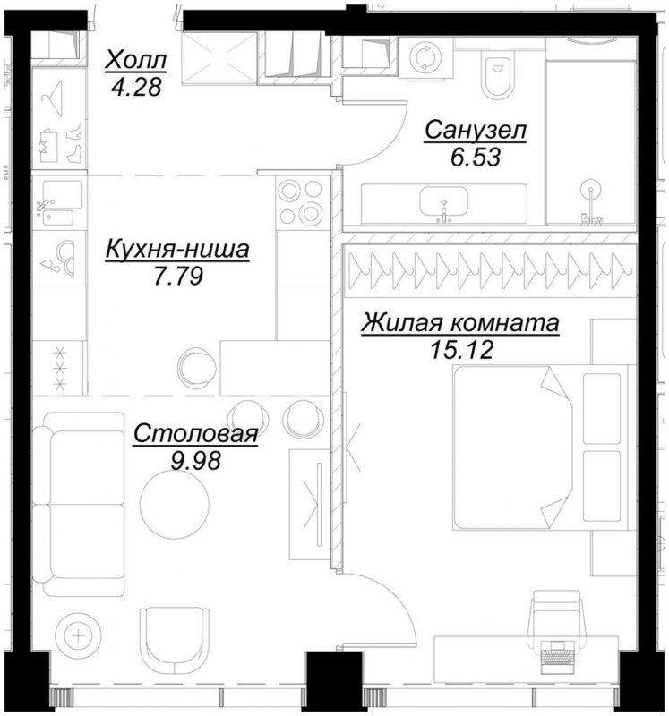 1-комнатная квартира с частичной отделкой, 43.62 м2, 28 этаж, сдача 4 квартал 2024 г., ЖК MOD, корпус Mod.M - объявление 1788310 - фото №1