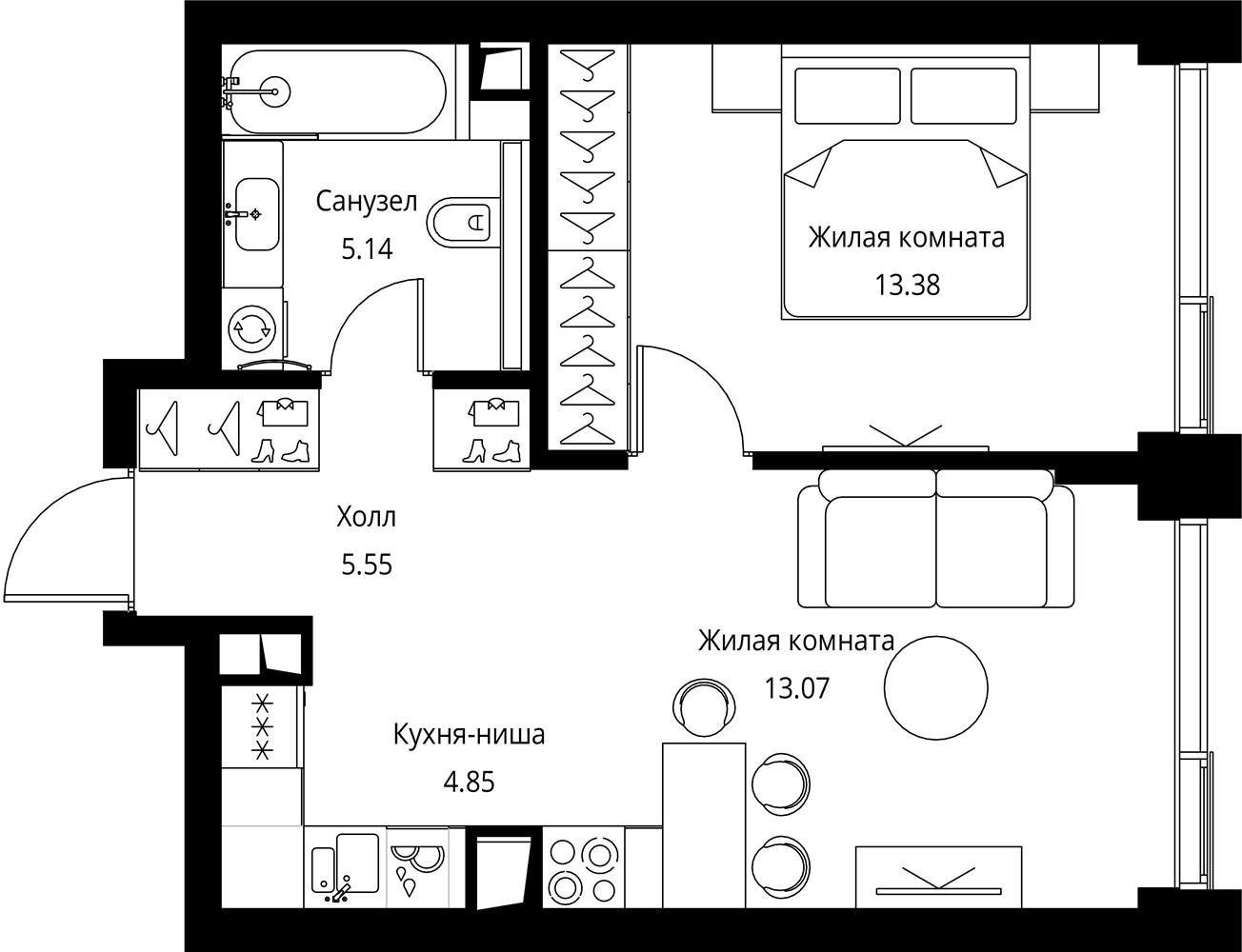 1-комнатная квартира с частичной отделкой, 42.2 м2, 51 этаж, сдача 3 квартал 2026 г., ЖК City Bay, корпус North Ocean 5 - объявление 2277720 - фото №1