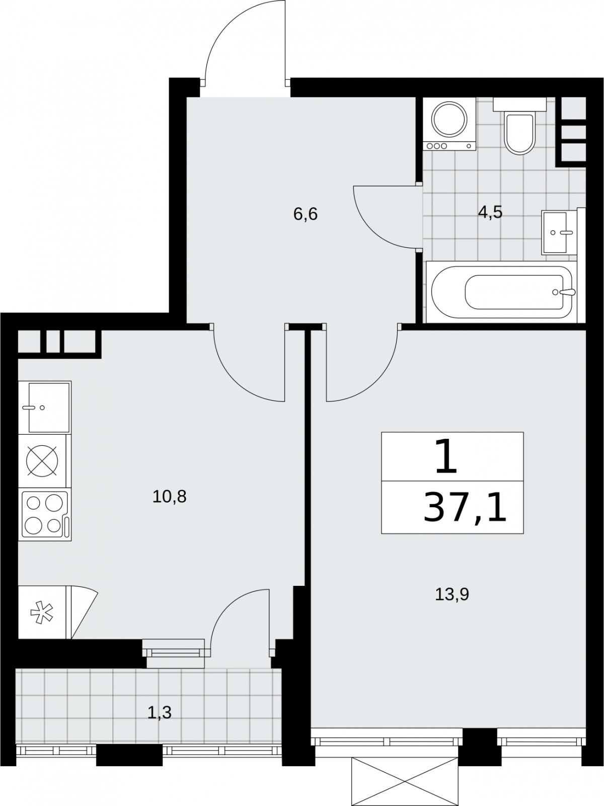 1-комнатная квартира без отделки, 37.1 м2, 6 этаж, сдача 2 квартал 2026 г., ЖК Бунинские кварталы, корпус 5.4 - объявление 2297692 - фото №1