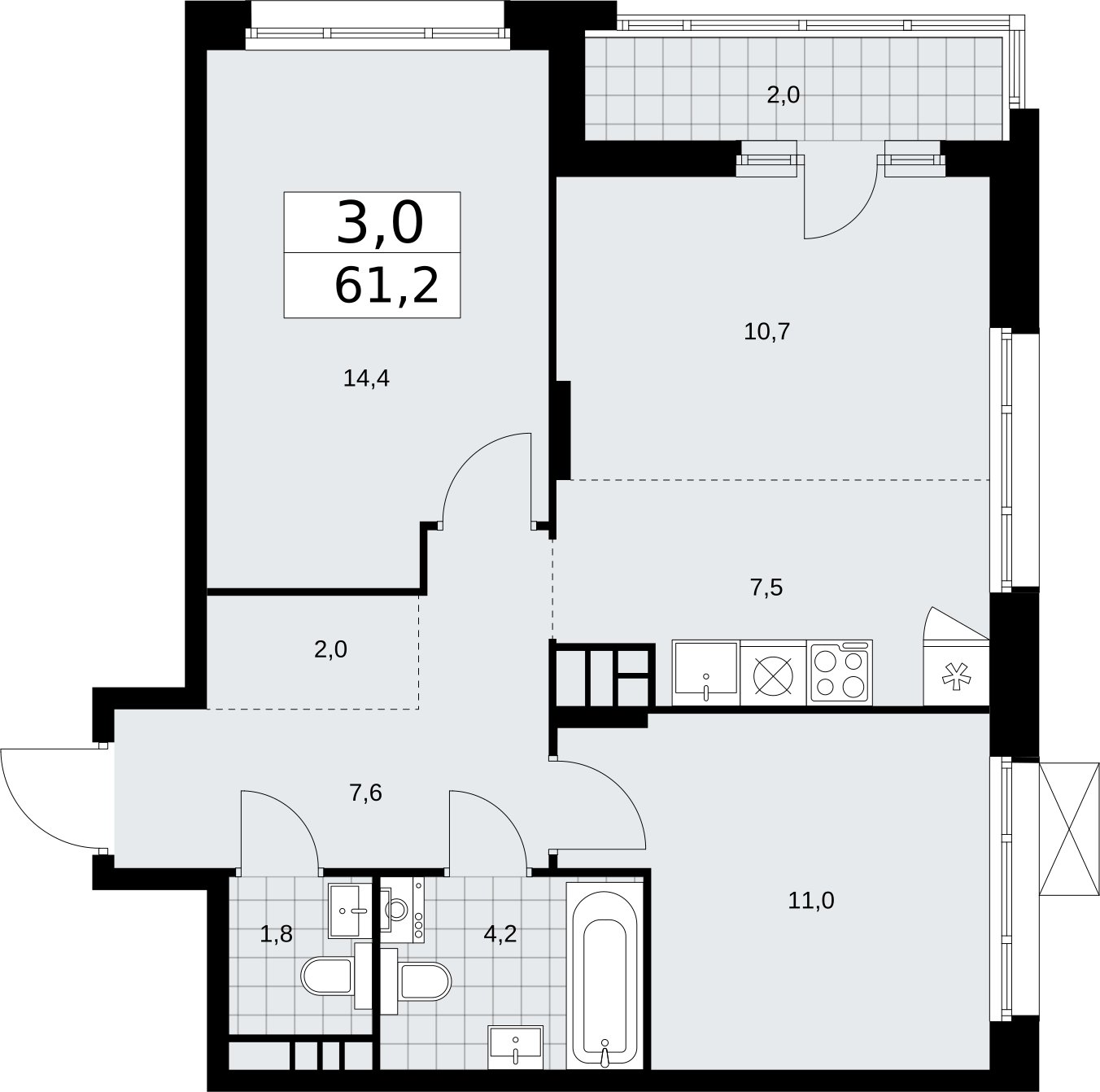 3-комнатная квартира (евро) с частичной отделкой, 61.2 м2, 8 этаж, сдача 2 квартал 2026 г., ЖК Прокшино, корпус 10.1.6 - объявление 2379222 - фото №1