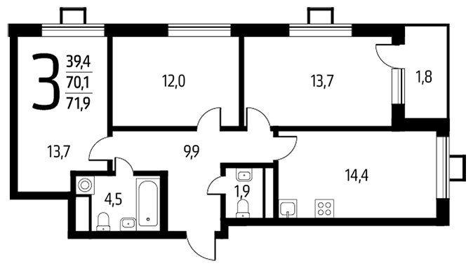 3-комнатная квартира с полной отделкой, 71.9 м2, 3 этаж, сдача 1 квартал 2024 г., ЖК Новые Ватутинки. Центральный, корпус 9/3 - объявление 1674617 - фото №1
