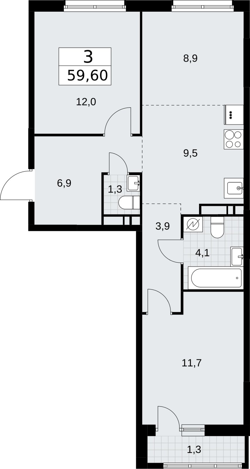 3-комнатная квартира (евро) без отделки, 59.6 м2, 7 этаж, сдача 3 квартал 2026 г., ЖК Родные кварталы, корпус 3.1 - объявление 2378244 - фото №1