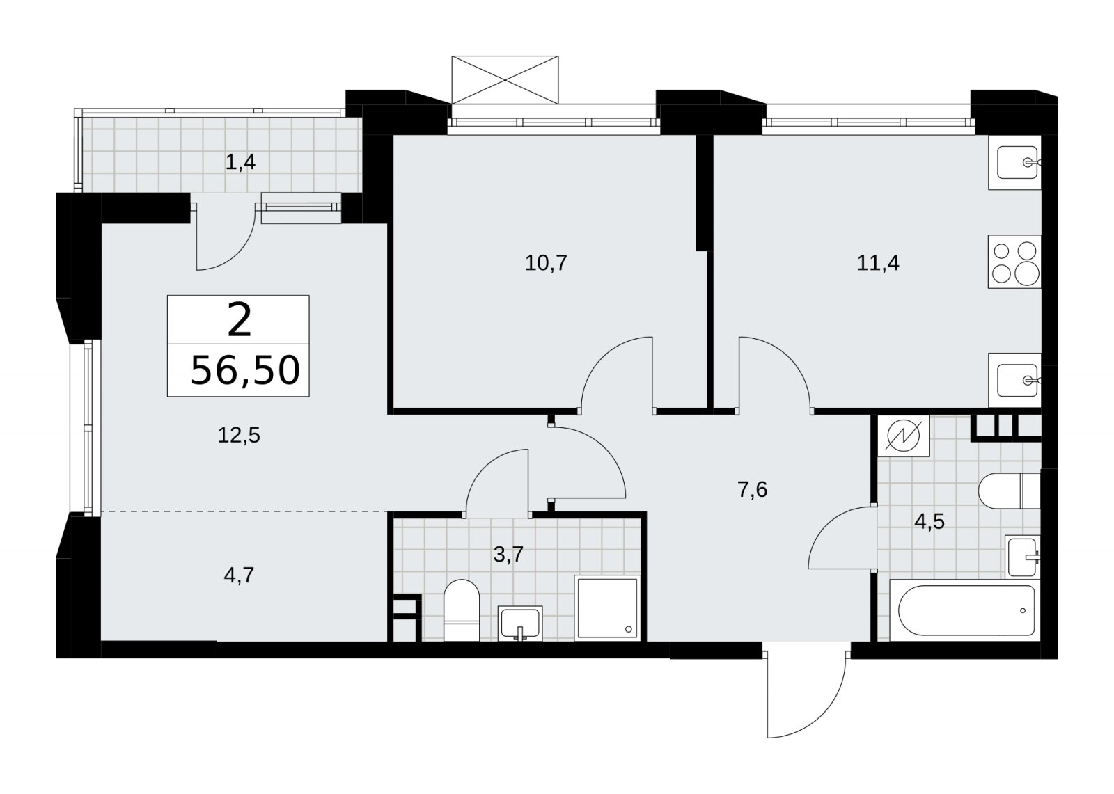2-комнатная квартира с частичной отделкой, 56.5 м2, 3 этаж, сдача 4 квартал 2025 г., ЖК Скандинавия, корпус 28.4 - объявление 2202836 - фото №1