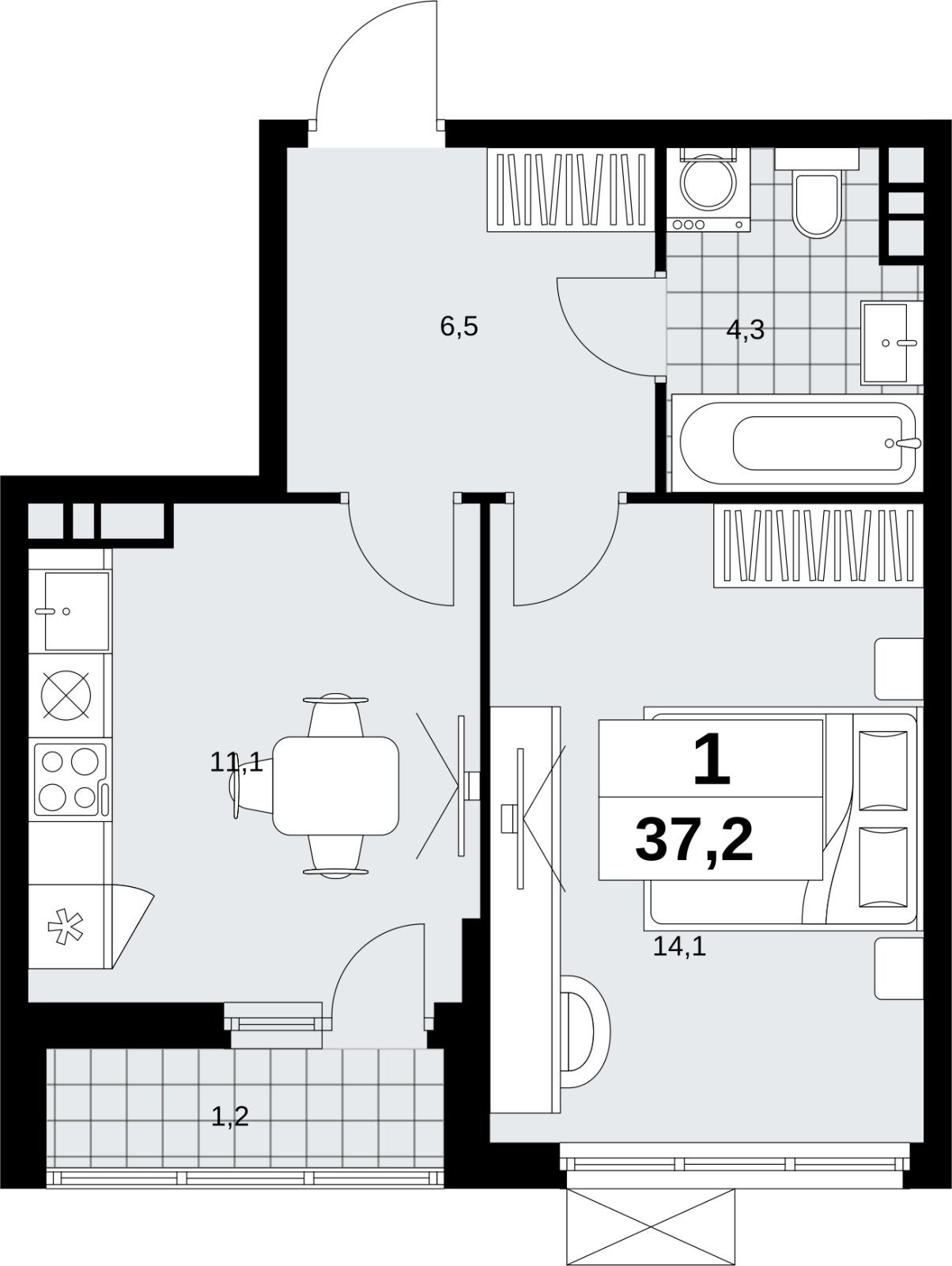 1-комнатная квартира без отделки, 37.2 м2, 4 этаж, сдача 4 квартал 2026 г., ЖК Скандинавия, корпус 2.18.2.4 - объявление 2351532 - фото №1