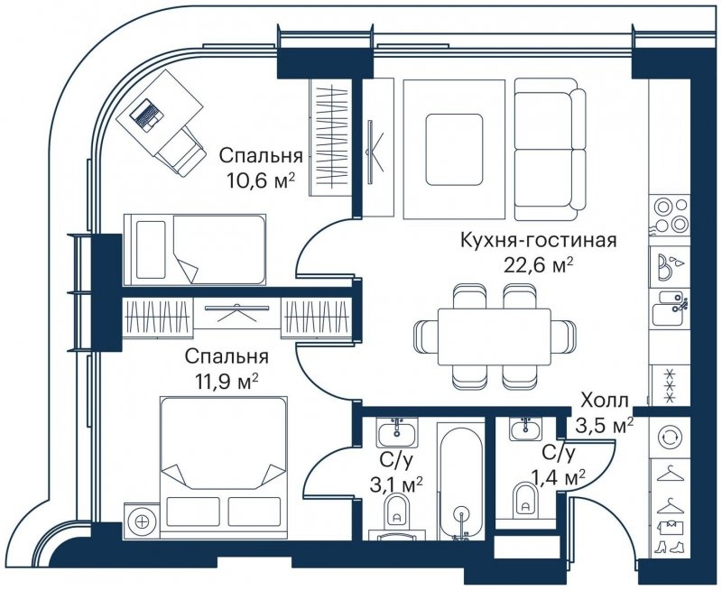 2-комнатная квартира с частичной отделкой, 53.1 м2, 13 этаж, сдача 4 квартал 2023 г., ЖК City Bay, корпус Atlantic Ocean 1 - объявление 1645410 - фото №1