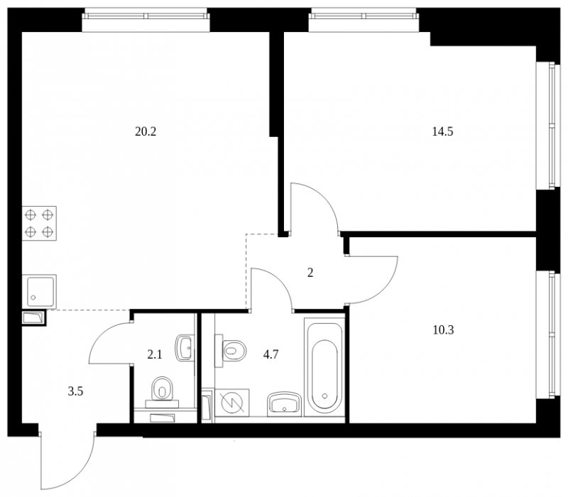 2-комнатная квартира с полной отделкой, 57.3 м2, 21 этаж, сдача 1 квартал 2023 г., ЖК Кронштадтский 9, корпус 2 - объявление 1347780 - фото №1