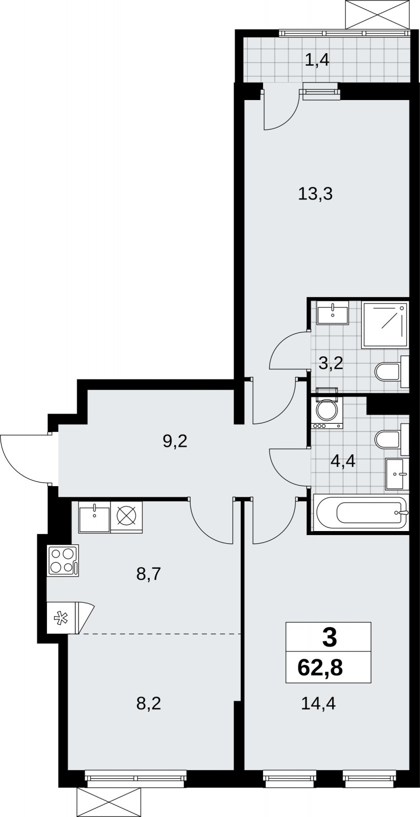 3-комнатная квартира (евро) без отделки, 62.8 м2, 7 этаж, сдача 1 квартал 2026 г., ЖК Дзен-кварталы, корпус 6.2.1 - объявление 2328334 - фото №1