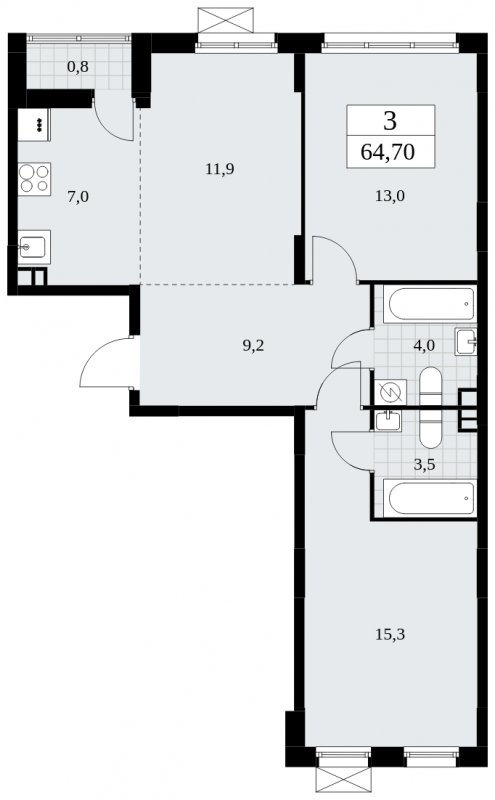 3-комнатная квартира (евро) без отделки, 64.7 м2, 3 этаж, сдача 1 квартал 2025 г., ЖК Дзен-кварталы, корпус 1.4 - объявление 1896120 - фото №1