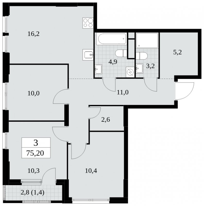 3-комнатная квартира с частичной отделкой, 75.2 м2, 12 этаж, сдача 2 квартал 2025 г., ЖК Южные сады, корпус 2.2 - объявление 1757539 - фото №1