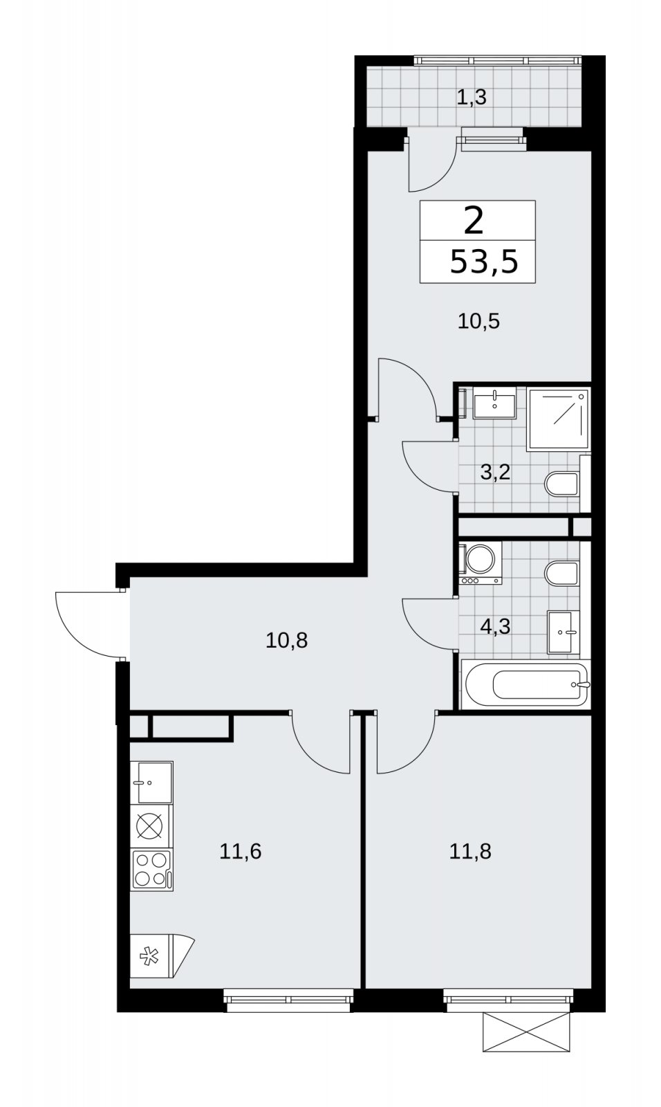 2-комнатная квартира без отделки, 53.5 м2, 13 этаж, сдача 1 квартал 2026 г., ЖК Прокшино, корпус 11.2.1 - объявление 2269982 - фото №1